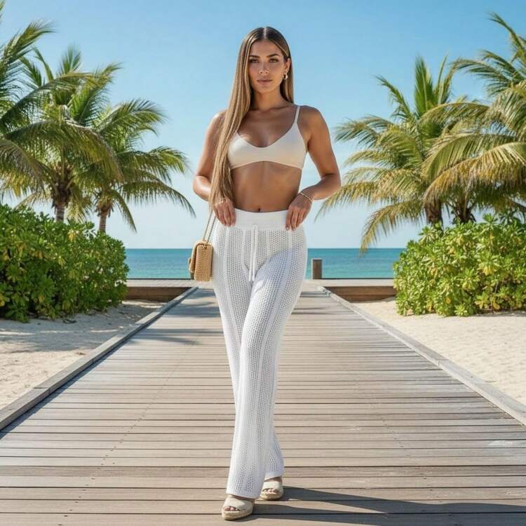 Women's Beach Cover-Up Pants With Cutouts, Summer Fashion, Ideal For Layering Over A Bikini, Swimsuit, Beach, Pool, Risorte - White - View 1