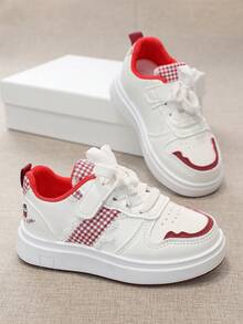 1 双 2026 新款儿童休闲运动鞋，白色鞋面，浅粉色点缀，格子布拼接设计 - 紅色 - 查看 2