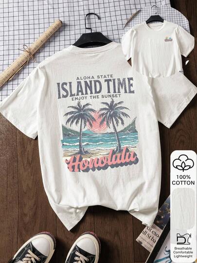 Beach & Coconut Tree Print 100% Cotton Short Sleeve T-Shirt For Women, Summer Tee, Printed Tee, Casual Summer Outfit, Cotton T-Shirt, Summer Top, Oriental Aesthetic Street Style 2026 Milan Inspired Printed T-Shirt - 100% Premium Cotton Easter Bunny Short Sleeve T-Shirt, 2026 Back To School Outfit, School Inspired Outfit, Back To School Essential, First Day Of School Outfit, 2026 Back To School Look, Retro Women Top, Collegiate Style Clothing