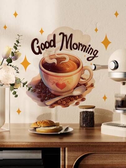 1pc Good Morning Heart Coffee Cup Coffee Bean Wall Decal Sticker, Removable Wall Art Decor For Bedroom, Living Room, Dining Room, Study