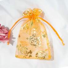 10pcs Gold Foil Rose Pattern Drawstring Organza Bags, Jewelry & Cosmetic Sample Packaging Pouches - Multicolor - View 8