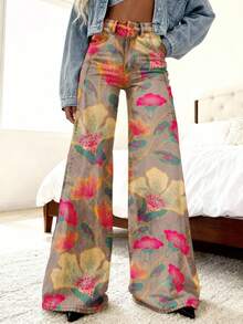 3D Floral Pattern With Pink Yellow And Green Accents Women's Imitation Jeans Autumn And Winter Cowboy Attire High-Elastic Slim Fit Embroidery Design Formal Women's Wear - 彩色 - 查看 2