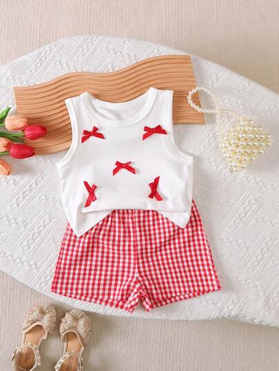 2pcs/Set, Girls' Summer Outfit With 3D Bow Decor Camisole Top And Contrast Plaid Shorts, Fashionable Summer Outdoor Wear, Perfect Matching