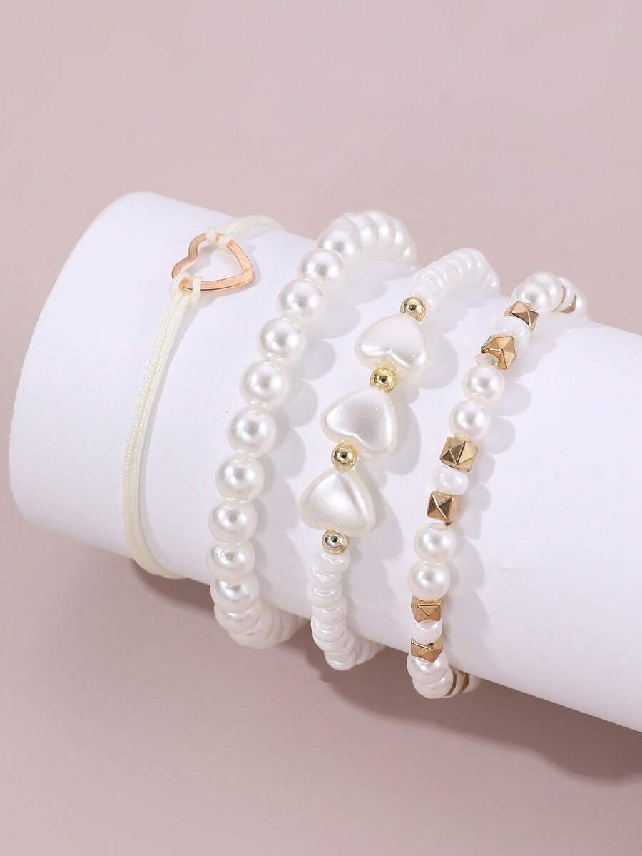 4 chiếc vòng tay cho bé gái, đính ngọc trai, hạt cườm, hoa và trái tim, phụ kiện hàng ngày. - trắng - Xem 1
