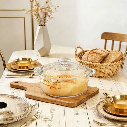 1 Stück große Glasauflaufform mit Glasdeckel, Borosilikatglas, ofenfeste Backform mit Deckel, hitzebeständige Glasschüssel mit Deckel für Ramen, Mikrowelle - Doppelgriff Schüssel, runde vertikal gestreifte Kristallsuppe Topf, Doppelgriff Mikrowellen-Geschirr, Salatschüssel
