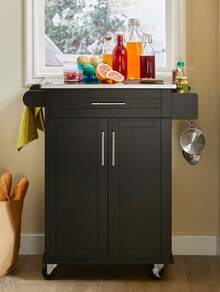 SoBuy 有門和抽屜的服務手推車 金屬木 黑色 - 黑色 - 查看 1