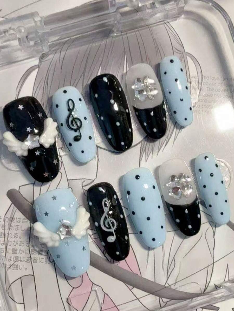 Handmade Oval Black & Baby Blue Press-On Nails - 10Pcs, With 3D White Angel Wings, Treble Clef Patterns, Polka Dots, Cluster Rhinestones & Silver Stars | Kawaii Gothic Lolita Style Reusable False Nails For Anime Events & Dates | Includes Jelly Glue & Mini Nail File Handmade Press On Nails - Follow Your Heart - View 1