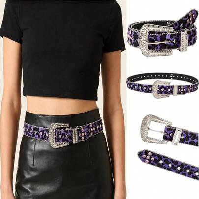 1件朋克风紫色和黑色豹纹水钻镶嵌银色装饰女士时尚腰带，适合搭配牛仔裤、裙子、迷你裙，日常穿着，约会，户外活动，旅行，毕业礼物，生日礼物