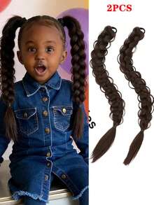 2条装橡皮筋辫子发丝纤维合成假发，适合儿童日常佩戴和角色扮演 - 彩色 - 查看 10