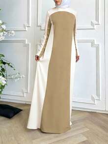 春季新款斋月休闲长裙，米色和浅棕色拼接圆领，优雅大方，适合日常出行和轻度社交场合。 - 彩色 - 查看 4