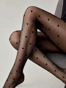 3 Pairs Women's Red & Black Heart Pattern Ultra-Thin Skin-Friendly High Elasticity Fashionable Sweet Pantyhose, Suitable For Valentine's Day, Casual, Party - Black - View 4