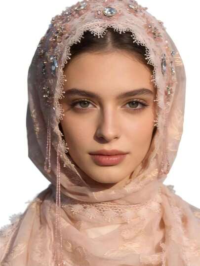 1pc Polyester Lace Patchwork High-End Handmade Double-Layer Shawl, Suitable For Weddings And All Seasons