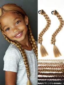 Chic Brown & Black & Gold Double Twist Braid Ponytail Extension - Synthetic Hair For Kids, Perfect For Daily Wear & Parties 2pcs - Multicolor - View 17