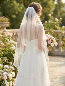 1pc Minimalist Beaded Bridal Veil, Delicate, Elegant, Lightweight Mesh Material Suitable For Church, Outdoor Wedding, Wedding Headpiece - 串珠款 - 查看 4