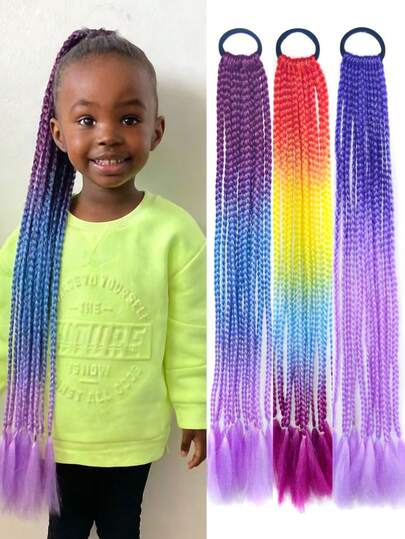 Kids Rainbow Braid Hair Extensions With Rubber Bands - Colorful Synthetic Ponytail Extension For Fashionable Hair Accessories Halloween Christmas 1pc