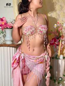 Glossmoon Pink Beads Festival Sexy Top Body Chain Chest Chain Body Chain Bikini Jewelry Beachwear Music Festival Nightclub Outfit - 粉紅色上衣 - 查看 5