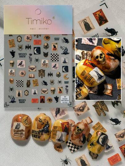 1 Sheet Vintage Halloween Themed Nail Art Stickers, Dark Magic Style With Classic Elements Like Owl, Skull, Raven, Bat, Spider, Black Cat, Witch Hat, Spell Book, Ghost, Pumpkin Lantern, Suitable For DIY And Nail Decoration For Halloween, Witch, Dark Retro Lovers
