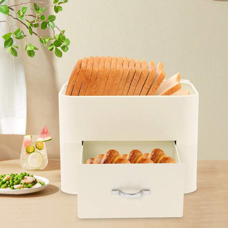 Metal Bread Boxes, 2 Layer Iron Bread Storage Bin Kitchen Container With Top Lid And 1 Drawer Large Capacity Bread Fresh Keeper Organizer For Farmhouse Kitchen Counter (Milky White) - Milky White - View 1