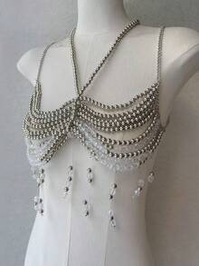 ZHENGHEN Sexy Silver Tassel Crystal Chest Chain, Versatile Elegant Chest Decor Accessory For Nightclub Party - Silver - View 4