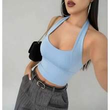 Women's Halter Neck Tank Top, High-Stretch Spandex, Perfect Fit, Casual Summer Top - Gaby - 淺藍色 - 查看 2