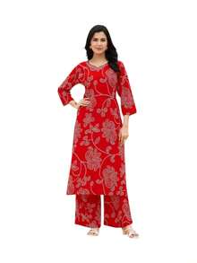 Rayon Printed Traditional Two Piece Kurti Set, Cultural Wear For Women - 彩色 - 查看 4