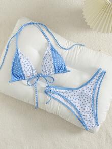 PEPPERMOLLY Bộ bikini hai mảnh họa tiết hoa nhí phối màu, kiểu cổ yếm, thích hợp cho kỳ nghỉ hè trên bãi biển dành cho nữ. - Màu xanh nhạt - Xem 4