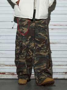 Modcrash 1件 Justice Brother 复古美式拼接水洗牛仔工装裤，休闲宽松阔腿裤（不含腰带和配饰）春夏款 - 彩色 - 查看 1