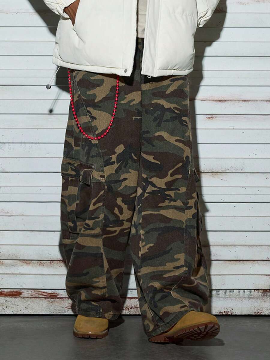 Modcrash 1件 Justice Brother 复古美式拼接水洗牛仔工装裤，休闲宽松阔腿裤（不含腰带和配饰）春夏款 - 彩色 - 查看 1