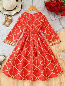 Kleine Mädchen Lässig Süßes Farbblock Rundhals Langarm Kleid, Frühling/Sommer - Verschiedenfarbig - Übersicht 3