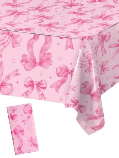 1pc Pink Sakura Bow Baby Shower Tablecloth, Pink Bow And Sakura Pattern Disposable Waterproof Tablecloth, Suitable For 1st Birthday Party, Family Events Decoration, Baby Shower Decor, Gender Reveal Decor, Birthday Decoration, Baby Shower Gift, Kitchen Dining Table Decor, 1st Birthday Party Table Decoration, Easy To Clean Tablecloth