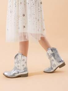 Girls Cowgirl Boots Mid Calf Glitter Cowboy Western Boots Toddler Girls Star Riding Shoes - 銀色 - 查看 6