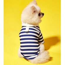 Striped Polo Shirt, Scratch-Resistant Dog T-Shirt, Lightweight Summer Pet Clothing Suitable For Beach And Hiking - Navy Blue - View 3