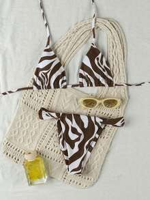 Bộ bikini nữ mùa Xuân/Hè mới, gợi cảm, thanh lịch, hở lưng, buộc dây, họa tiết da báo, thích hợp đi biển/dự tiệc/hẹn hò/biểu diễn/hòa nhạc, nghỉ dưỡng. - Nhiều màu - Xem 2