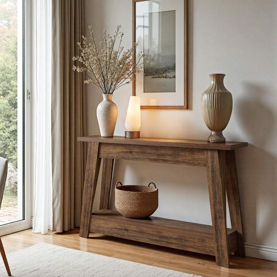 LITTLE TREE 105cm Rustic Brown Farmhouse Console Table - 2-Tier Narrow Entryway Table With Storage For Living Room Hallway Foyer Behind Couch - Brown - View 1