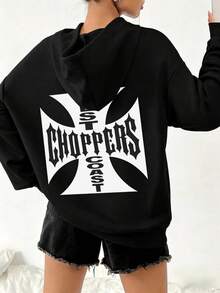 Gothic Choppers Cross Black Hoodie, Oversized Fit Unisex Streetwear, Ideal For Fall/Winter Casual Wear, A Unique Statement Piece For Music Lovers & Biker Fans - Black - View 2