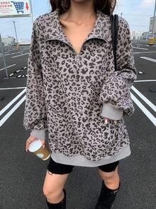 2026 Early Spring New Women's Leopard Print Corduroy Texture Half Zip Sweatshirts Oversized Casual Activewear Pullovers Textured Long Sleeve Stand Collar Tops For Daily Casual Gym Yoga Running Multicolor Options Fashion Sporty Style - Xám - Xem 2