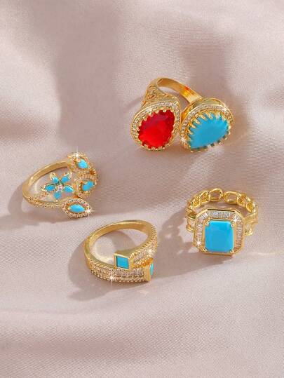  1pc Adjustable Sparkling Zirconia Gold Plated Ring, Bohemian Flower, Geometric, Teardrop, Square Diamond Design, Suitable For Fashion Women Party, Daily Wear, Holiday Outfit, Birthday Gift