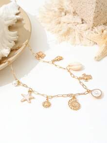 1 buah Kalung Liontin Wanita dengan Liontin Kerang Pantai, Mutiara, Enamel, Bintang Laut, Kura-kura, Kupu-kupu, Rantai Emas - Emas - View 5