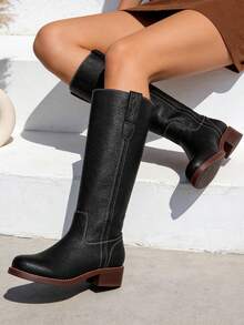Women's Pull On Vintage Campus-Inspired Cowboy Boots Squared Toe Western Knee High Boots Fashionable Stacked Low Heels Booties - 黑色 - 查看 3