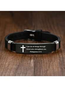 1pc Adjustable Men's Christian Bracelet Stainless Steel Silicone Strap With Cross Charm And Bible Verse Inspirational Religious Jewelry Gift For Husband Father Boyfriend Son - 黑色的 - 查看 7