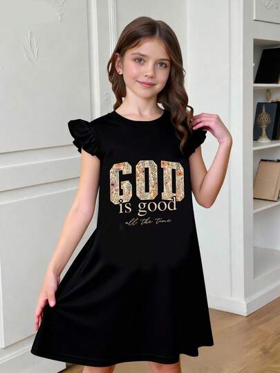 Teenage Girls' Retro Casual Letter Print Dress, Elegant Daily Wear Dress