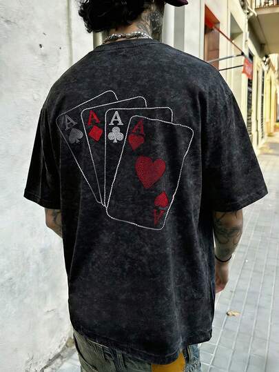 Men's Fashionable Casual Street Style Rock Rapper Loose Short-Sleeved T-Shirt | Washed Cotton Fabric | Playing Card Element Heat Transfer Print | Exquisite Design | Spring/Summer Must-Have | Versatile And Easy To Wear | The Best Gift For Friends | Showcase Your Personal Style.