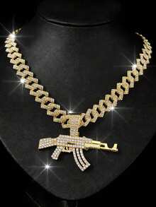 Fully Iced-Out Cuban Link AK-47 Rifle Pendant Necklace, Bling Chunky Chain Necklace For Men, Hip Hop Street Style - Gun Pendant Necklace - View 2