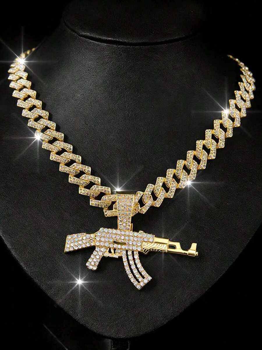 Fully Iced-Out Cuban Link AK-47 Rifle Pendant Necklace, Bling Chunky Chain Necklace For Men, Hip Hop Street Style