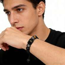 26颗天然石字母珠手工编织手链，10毫米火山石和黑曜石珠，男士手链 - 手鍊 - 查看 3