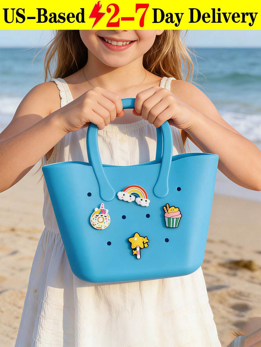 Children's Solid Color Flower Hollow DIY Handbag Cute Purse Beach Bag Detachable Silicone Decoration Kids Fashion Accessory Birthday Gifts - Multicolor - View 1