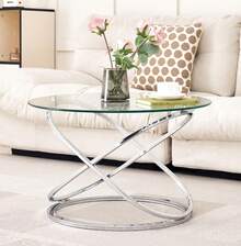 Mesa de centro redonda moderna de vidrio – tapa de vidrio templado de 26.7 pulgadas y base de pierna cruzada de color plateado chapado en cromo de lujo – Elegante mesa decorativa para sala de estar - 1 - Ver 3