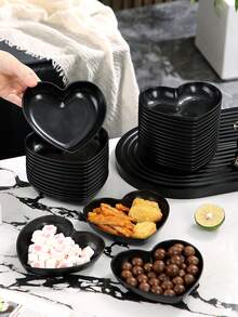 10pcs Black Heart-Shaped Plates With Stands, Plastic Snack And Breakfast Serving Plates, Reusable For Kitchen Use - Multicolor - View 3