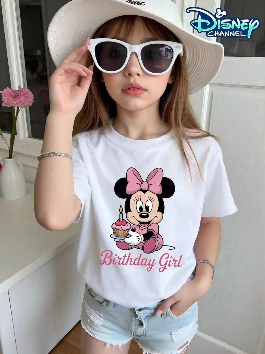 Disney Minnie Mouse Birthday Girl Printed Pattern T-Shirts For Girls - Children's Clothing Design Short-Sleeved Casual And Cute Style Comfortable And Casual Wear All Year Round Suitable For Parties And Play Machine Washable Gift Children's Clothing Girls' Short-Sleeved Shirts - 白色 - 查看 1