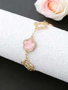 1pc Fashionable Luxury Elegant Crystal Hollow Clover & Flower Pendant Bracelet (Excluding Gift Box) - Pink - View 5
